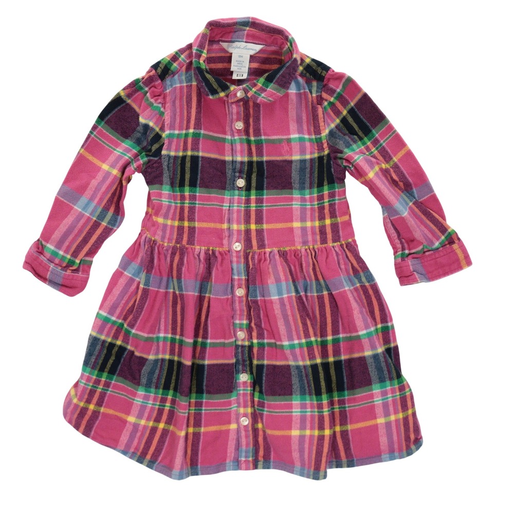 Ralph Lauren Plaid Flannel Dress Girls 18M Button Front Pink Cotton Christmas